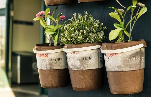 Oude emmers kan je hergebruiken als plantenbakken - Terras Tuinieren